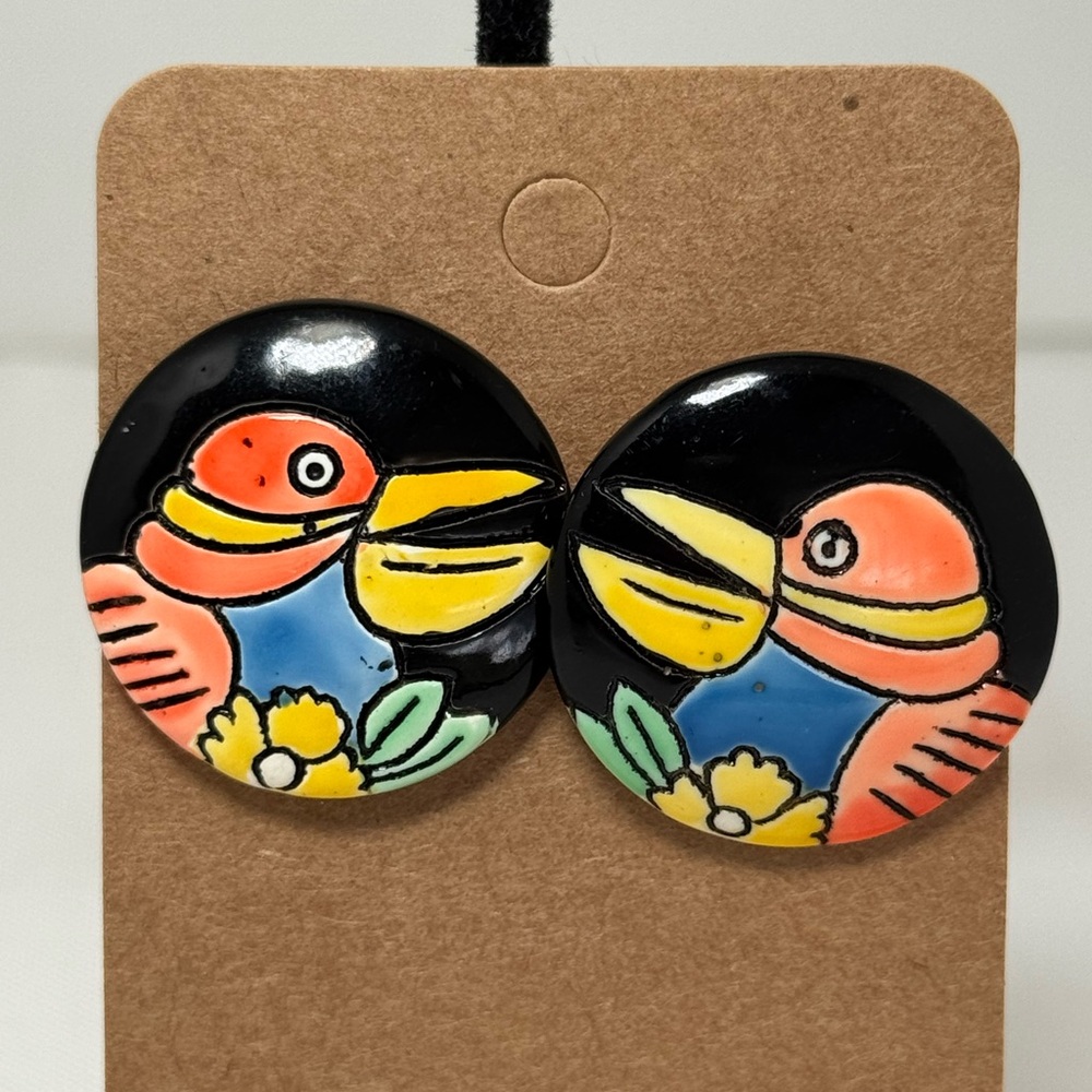 Hand-Painted Toucan Bird Earrings - Black, Yellow, Coral